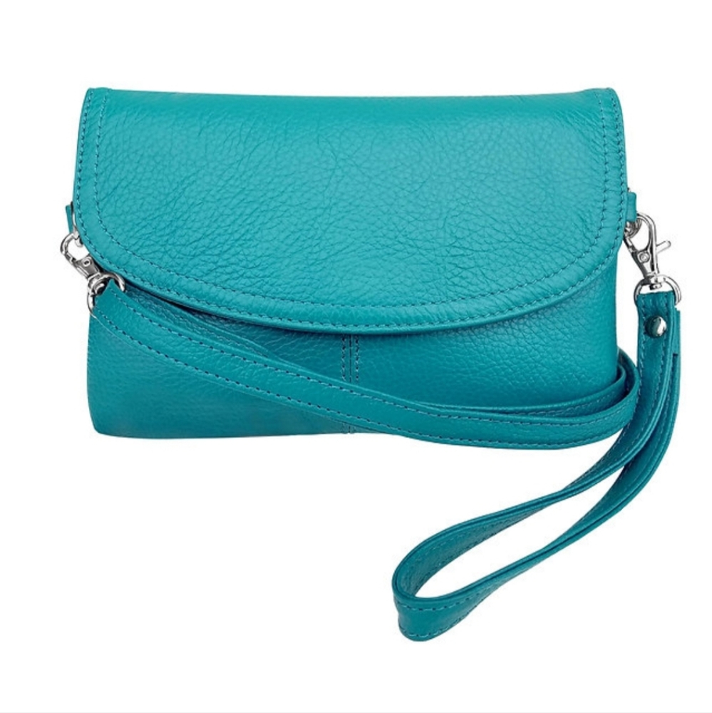 Teal blue cowhide leather crossbody purse.